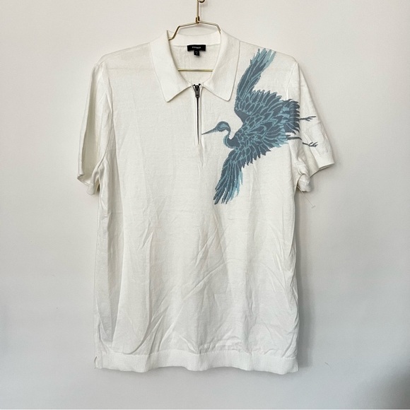Express Flying Crane Zip Polo Size Medium Cream Beige Short Sleeve - Picture 3 of 7
